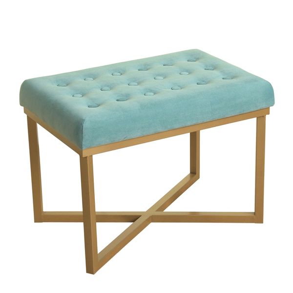 HomePop Rectangular Ottoman with Caribbean Velvet Tufted Cushion and Gold Metal X Base