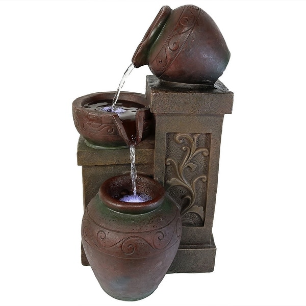 Tiered Pottery Tabletop Water Fountain with LED Light