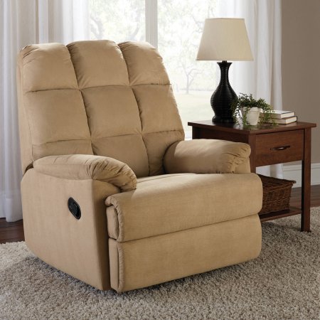 Soft beige deep plush microsuede leather rocking recliner