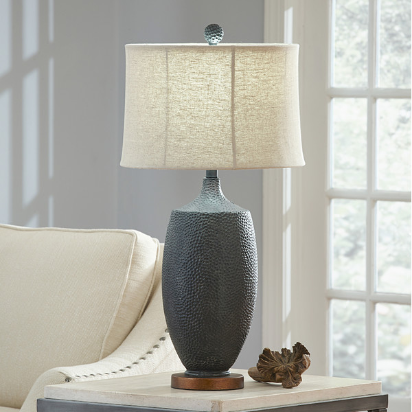 Blue gray and beige table lamp with hammered textured finish 