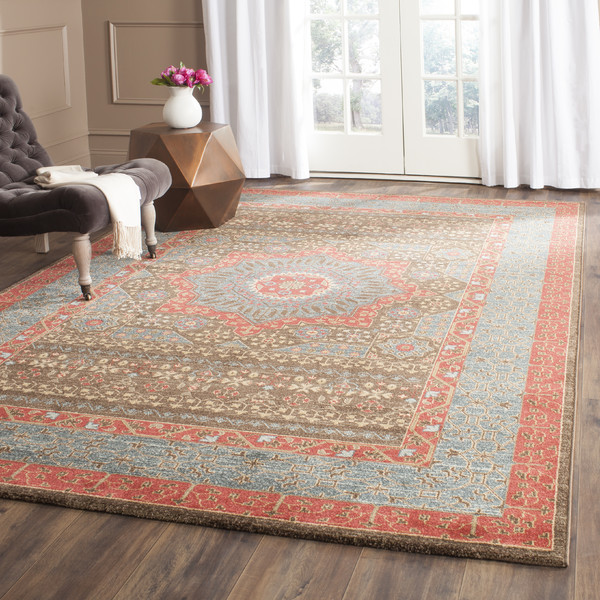Machine-woven red and blue Turkish rug with octagonal center motif