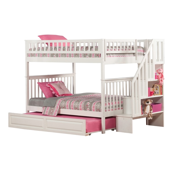 Woodland Staircase Bunk Bed Full over Full with Raised Panel Trundle Bed in White