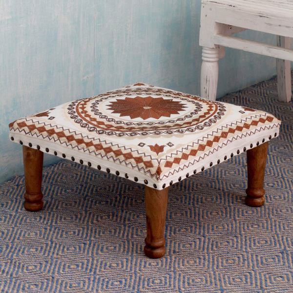 Brown Mandala Sheesham Wood with Multicolor Embroidery in Shades of Brown and Ivory Square Upholster