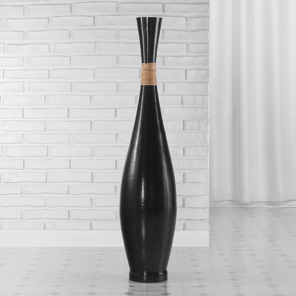 Resin and Rattan Black Trumpet Floor Vase 