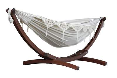 Cotton and Lace Fringe hammock with wooden bow stand