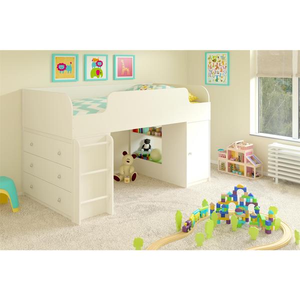 Altra Elements White Loft Bed with Dresser and Toy Box Bookcase