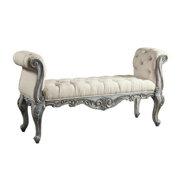 Tufted Cream Upholstered Bench with Antique Distressed Wood Base