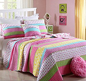 Set 3 Pieces Bedding Set Pink Dot Striped Floral Bedspread Quilt Sets