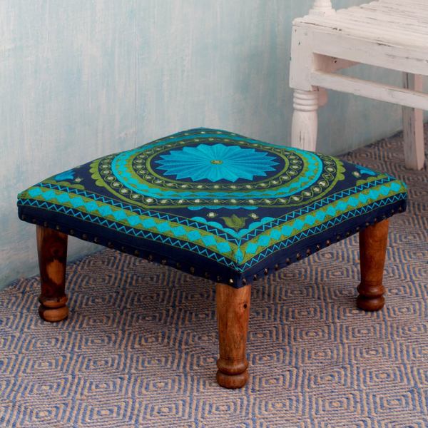 Turquoise Mandala Sheesham Wood with Multicolor Embroidery in Shades of Blue Green Square Foot Stool