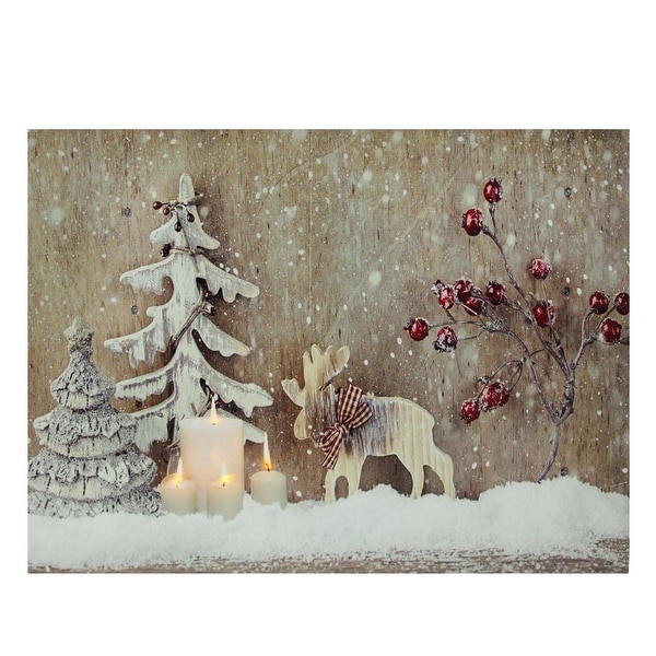LED Lighted Rustic Reindeer, Candles & Berries Christmas Canvas Wall Art 12