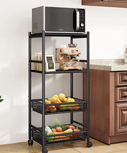 An amazingly stylish black metal stand or cart for microwaves with ample room for food storage
