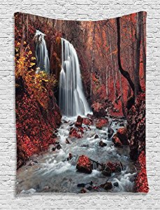 Ambesonne Waterfall Decor Collection, Waterfall in Autumn and Forest Silver Stream Fall Nature in Cr