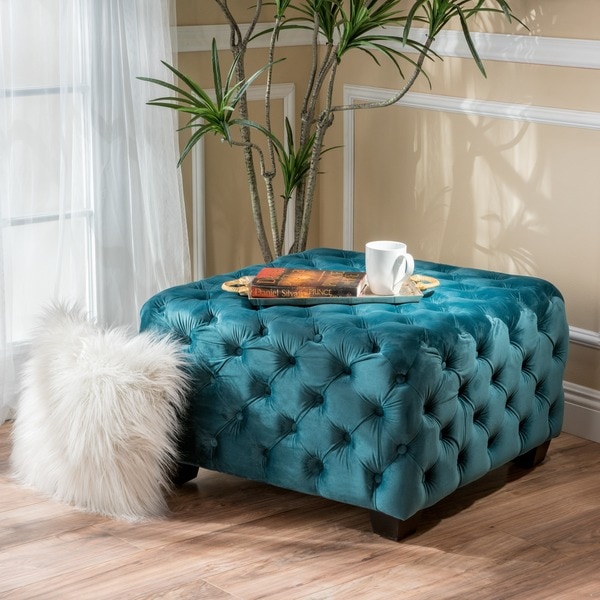 Christopher Knight Home Piper Tufted Velvet Fabric Square Ottoman Bench