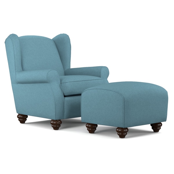 Portfolio Hana Caribbean Blue Linen Wingback Chair and Ottoman Set