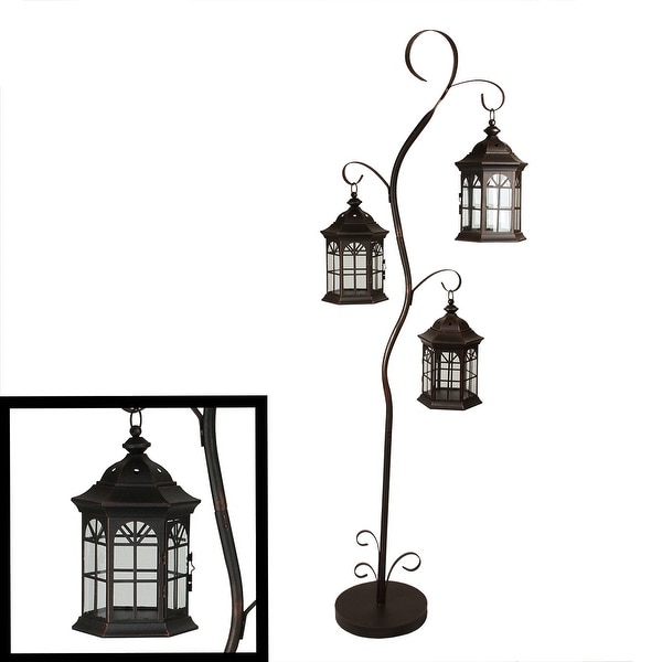 Copper Brown Pillar Candle Holder Tree with 3 Decorative Lanterns