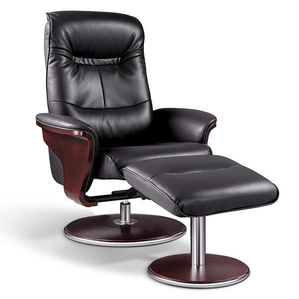 Black bond leather chair with dark mahogany base and Ottoman