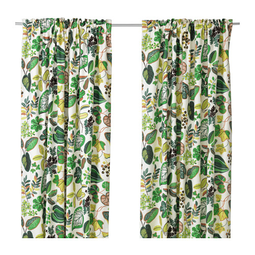 SYSSAN 1 Pair White/Green Printed Curtains