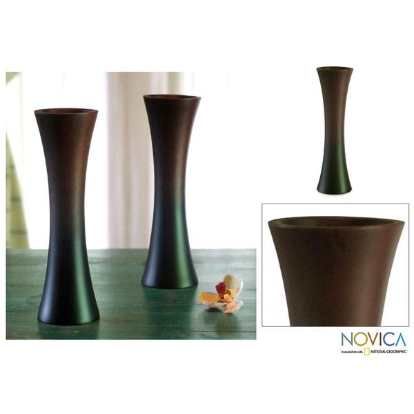 Set of 2 Mango Wood 'Thai Trumpets' Vases 