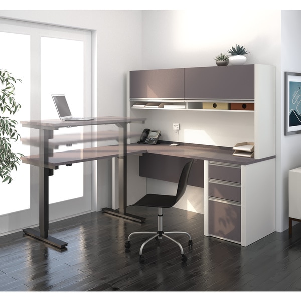 Bestar Connexion L-Desk with hutch including Electric Height Adjustable Table