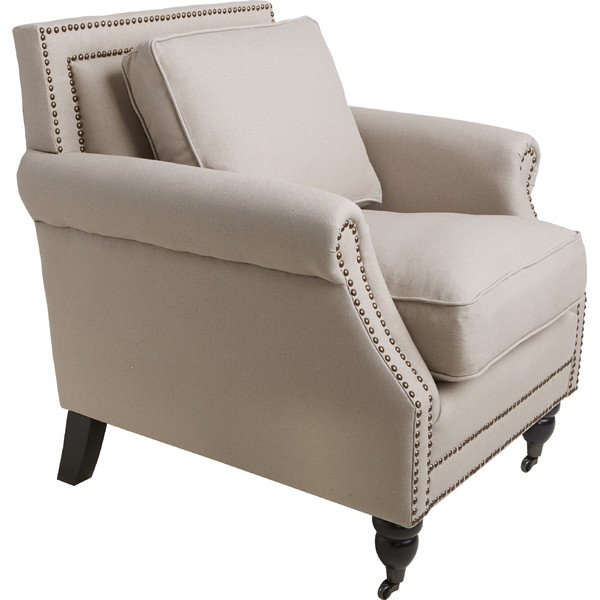 Mackenzie Arm Chair - Birchwood with beige upholstery and brass nailheads