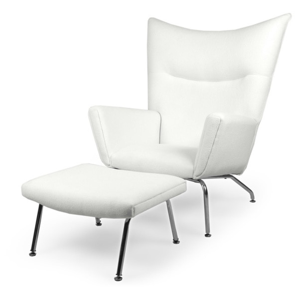 Kardiel Hans J. Wegner Style Danish Cashmere Wool Wingback Chair and Ottoman
