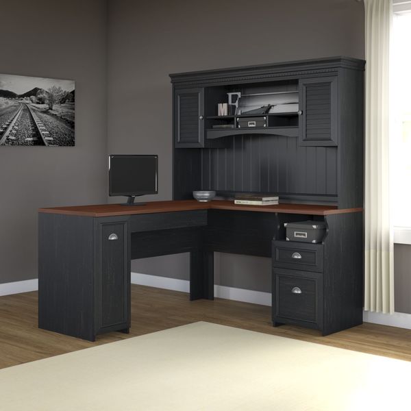  L Shaped Desk with Hutch in Antique Black