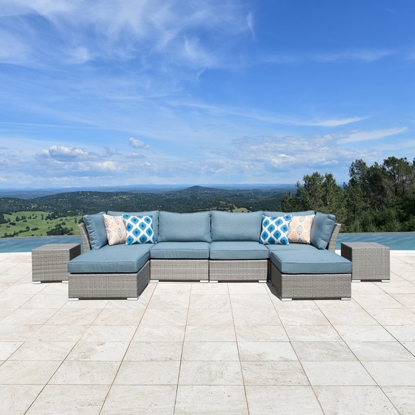 Corvus Outdoor 8-piece Grey Wicker Sectional Sofa Set with Blue Cushions