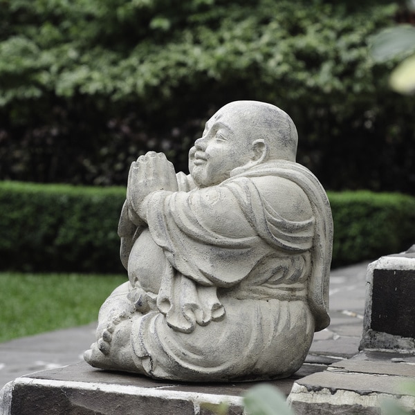 Stone Small Happy Buddha Praying Antique, Handmade in Indonesia
