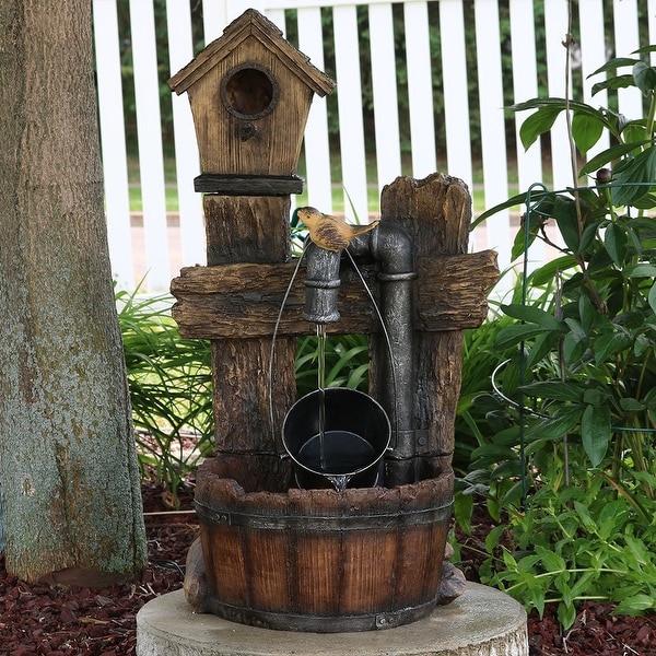 Sunnydaze Bird House Leaking Pipe Outdoor Water Fountain with LED Light, 29 Inch